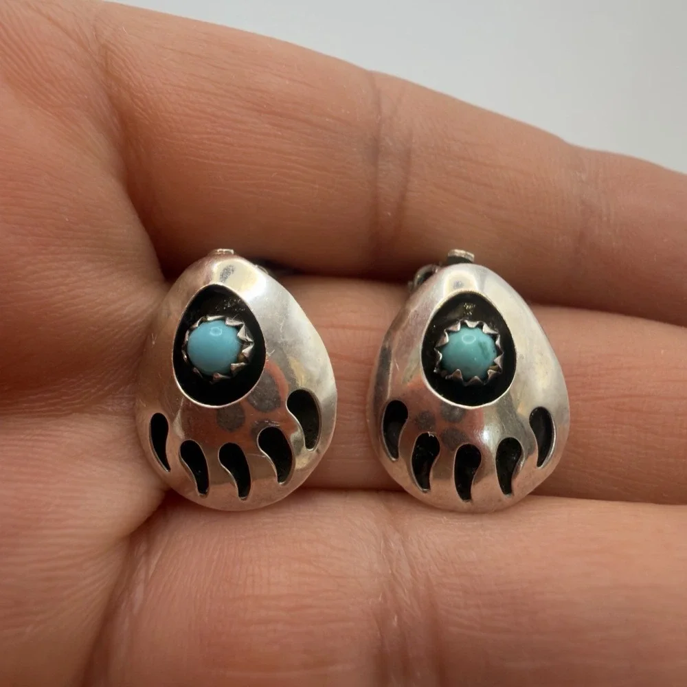 Vtg Sterling Silver 925 Southwest Turquoise Bear Paw Cuff Earrings Set Lot READ